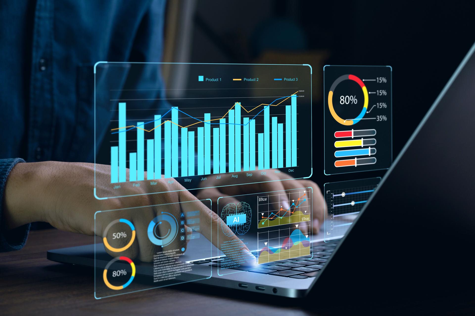 El empresario trabaja en una computadora portátil Mostrando un panel de análisis de negocios con gráficos, métricas y KPI para analizar el rendimiento y crear informes de información para la gestión de operaciones. Concepto de análisis de datos. IA