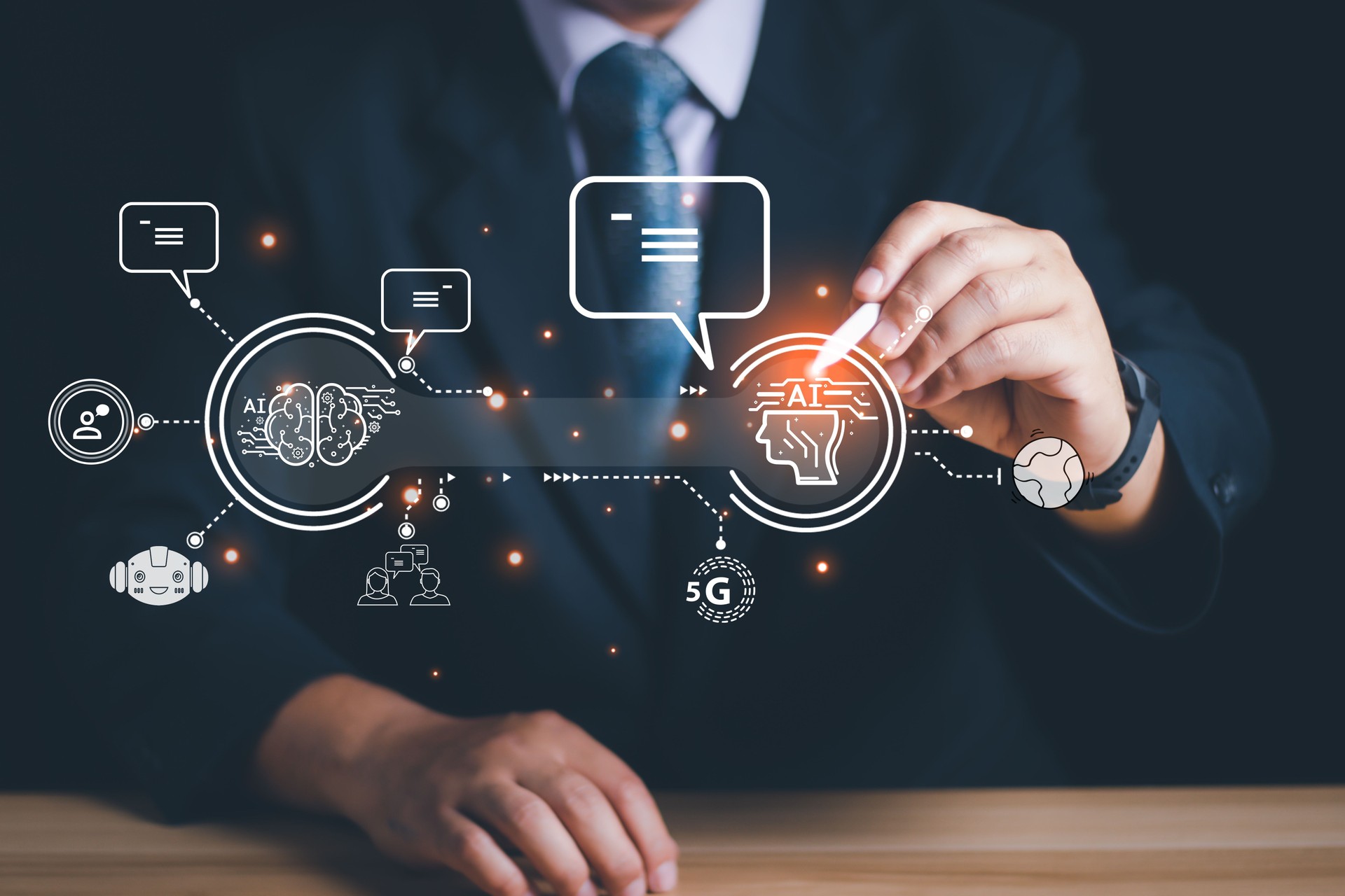 Chatea con IA, Inteligencia Artificial. hombre que usa tecnología robot inteligente AI, inteligencia artificial al ingresar al símbolo del sistema para genera algo, transformación de tecnología futurista.