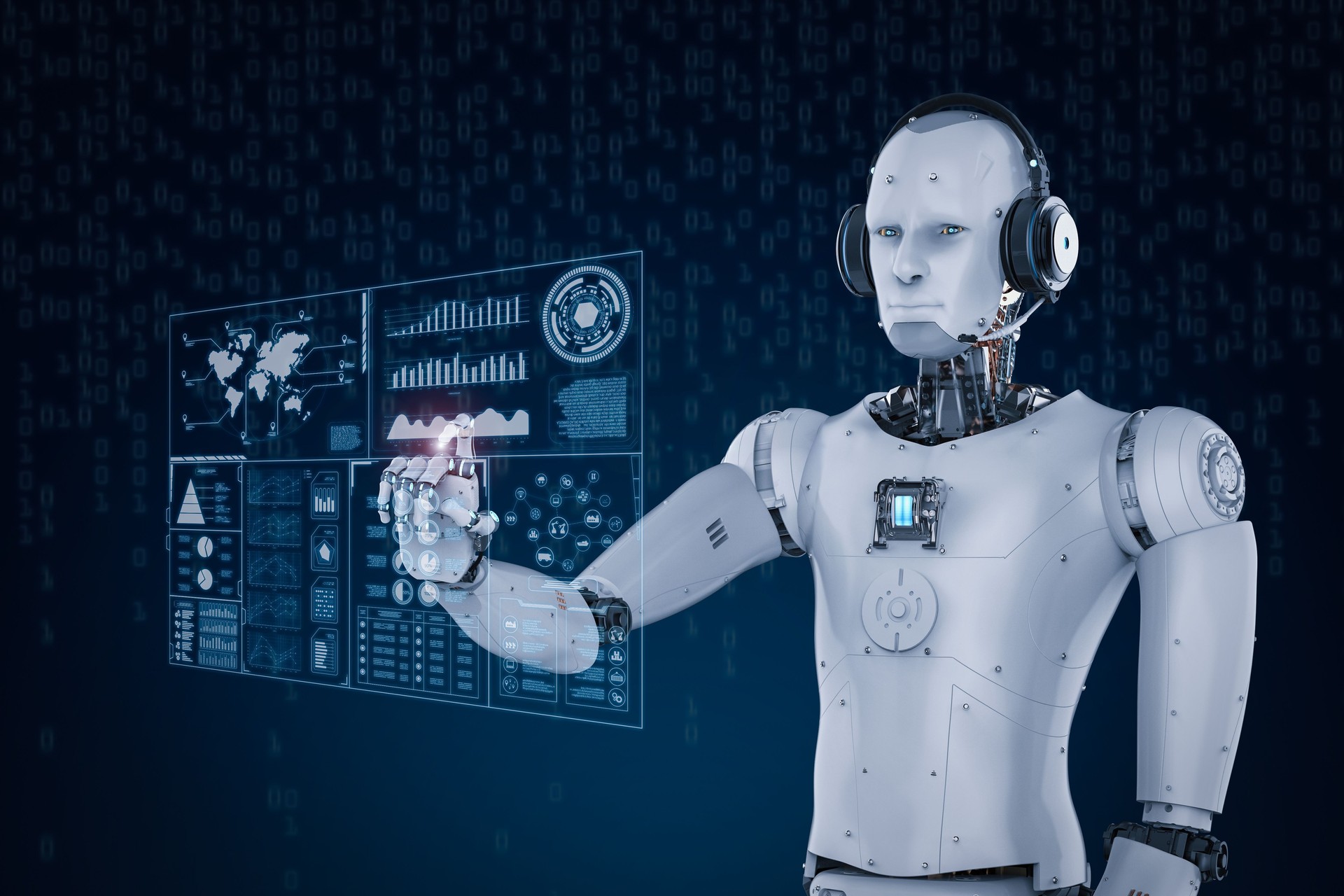 robot usa el receptor y trabajando con pantalla virtual